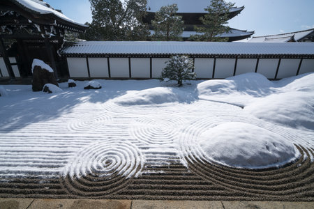 Hojo garden snow scene at Tofukuji temple,Kyoto,tourism of Japanのeditorial素材