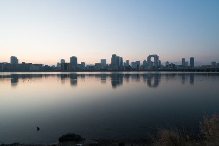 Yodo river and Umeda morning view,Osaka,Japanの写真素材
