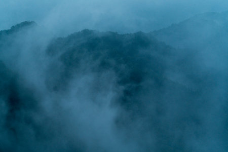 Nosegawa foggy mountain,Nara,Japanの写真素材