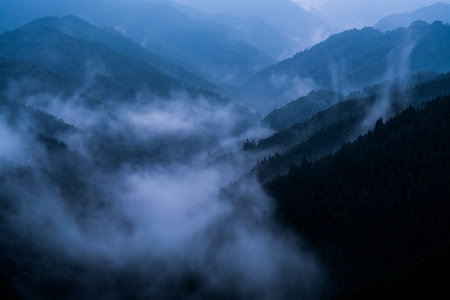 Nosegawa foggy mountain,Nara,Japanの写真素材
