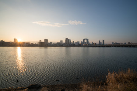 Yodo river and Umeda morning view,Osaka,Japanのeditorial素材