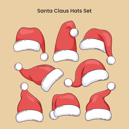 Christmas Santa Claus caps set, vector illustration. Hand drawn Santa's hat collection for xmas.のイラスト素材