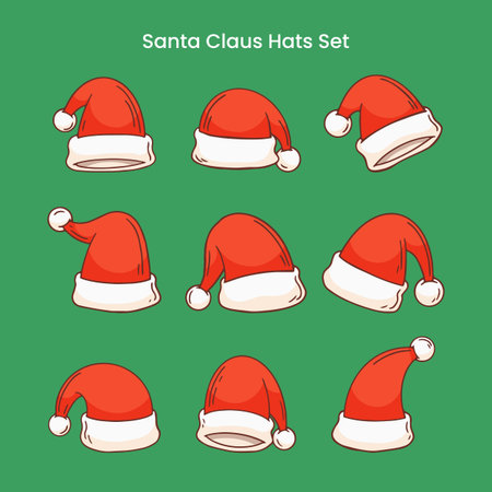 Christmas Santa Claus caps set, vector illustration. Hand drawn Santa's hat collection for xmas.のイラスト素材