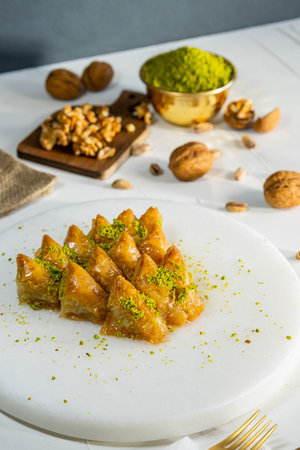Walnut baklava on white marble. Traditional middle eastern dessert. Turkish Antep baklava.の写真素材
