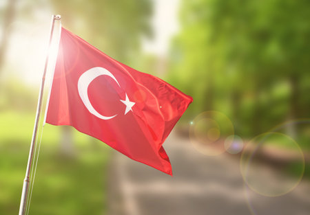 Turkish flag on blurred background for Turkish holidays 10 November, 19 May, 23 April, 29 October, 30 August.の写真素材