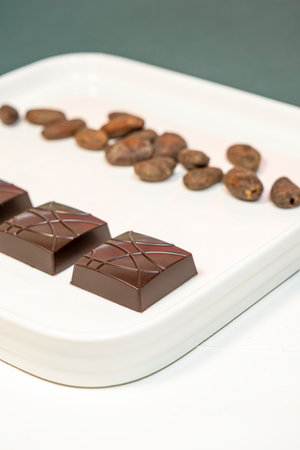 Handmade dark chocolates on white plate with cocoa beans on green background.の写真素材