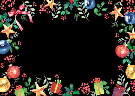 Christmas frames painted with watercolorsの写真素材