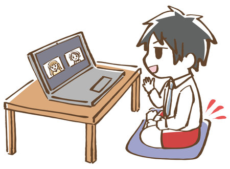 Illustration of a man making a web conference with remote work pantsのイラスト素材