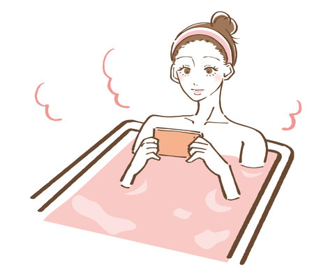 Illustration of a woman taking a bath bath smartphoneのイラスト素材