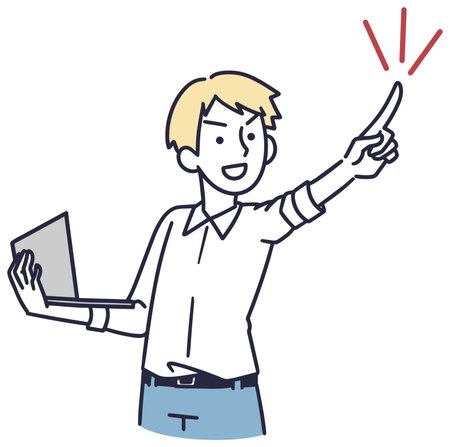 smiling man pointing at something simple illustrationのイラスト素材