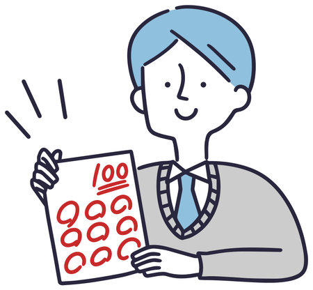 Simple illustration of a smiling male student getting a perfect score on a test.のイラスト素材