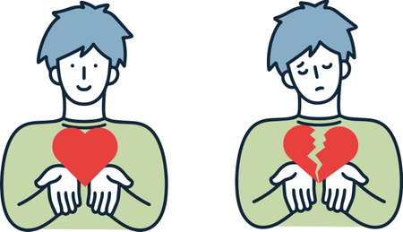 Love, heartbreak, broken heart, set of men holding hearts, simple illustration.のイラスト素材