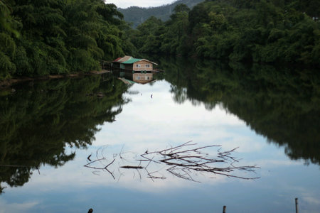 Little raft house on river in forestの素材