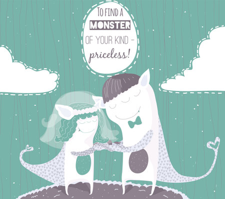 Fun illustration with couple of monsters in love, with positive text. Kind wedding card in aqua and purple. Vector, square, cute.のイラスト素材