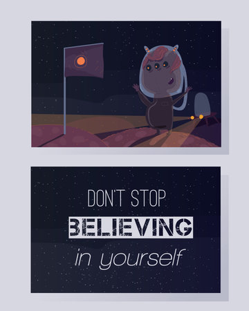 Don't stop believing in yourself. Motivating quote on a colorful card. Space theme, stars background, fun, humor raster illustration.のイラスト素材