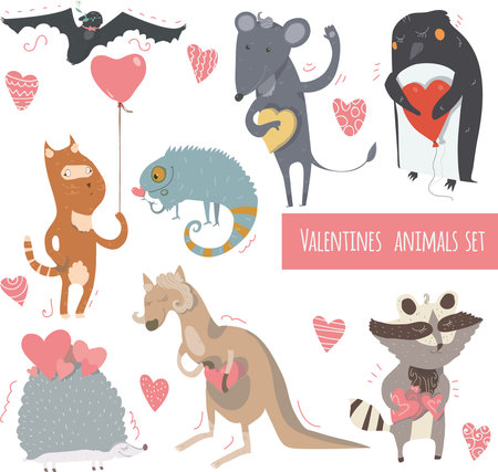 Valentine set of fun animals with hearts and flowers, smiling, cute, with closed and open eyes. Vector kind illustration isolated on white.のイラスト素材
