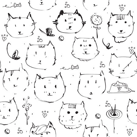 Seamless texture made with ink cats faces, drawn freehand with liquid dye, emotional, funny, funky, black and white. Vector illustration with emotional cats variations, flowers, butterflies and food.のイラスト素材