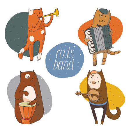Set of fun cats playing musical instruments - drum, accordion, tube, guitar, isolated on white vector hand drawn illustration, kind, colored, with smiling cat faces and circle background on back.のイラスト素材