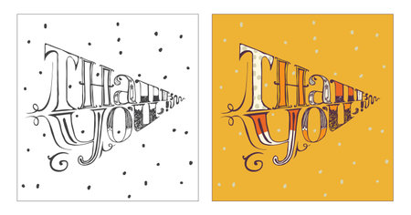 Hand drawn lettering with words Thank you. Made with liquid ink, can be entered into a triangle. Vector isolated on white illustration, perfect for cards and print. Simple dotted backdrop, nice colorsのイラスト素材
