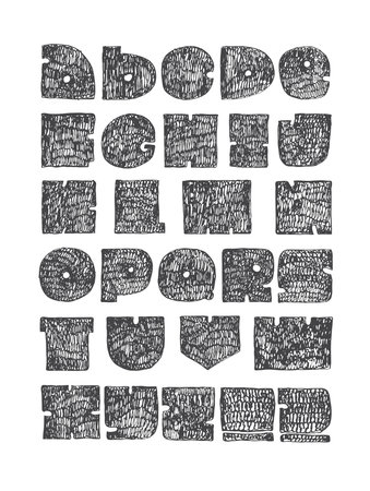 Hand drawn large letters from a to z, with punctuation marks. Perfect for creative lettering, massive, solid, hatched with thin nib and brush. Alphabet made in solid geometric style, isolated on white backgroundのイラスト素材
