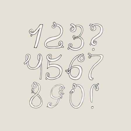 Hand-drawn funky digits, isolated on light background. Hand drawn grunge sequence vector creative illustration. Numbers based on swirls, loops and calligraphy style. Unique design for your print or letteringのイラスト素材
