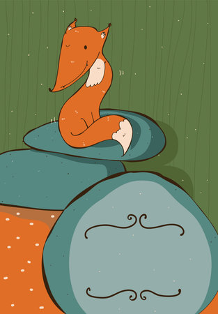 Vertical illustration with cute sitting on blue stones ginger fox, circle text holder and stripe background. Decorated large  image with nice colors, dotted, kind. Fox is winkingのイラスト素材