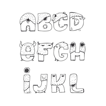 Vector set of fun funky monster font A to L, hand drawn, black and white, isolated on white. Good for lettering or font design, headers, t-shirts, kids illustration. Letters with noses, eyes, horns.のイラスト素材