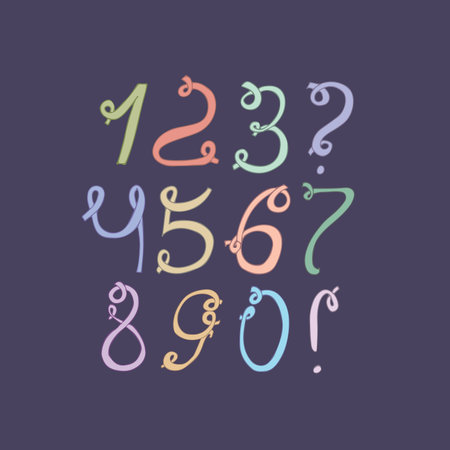 Hand drawn colorful funky digits isolated on dark blue background. Hand drawn sequence vector illustration. Numbers based on swirls, loops and calligraphy style. Unique design for your lettering.のイラスト素材