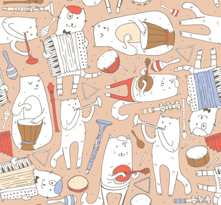 Seamless pattern with musician cats and music instruments in pastel colors. Cats are playing on drum, accordion, tube, guitar. Vector handdrawn illustration, cute. Kind child cartoon for kids products.のイラスト素材