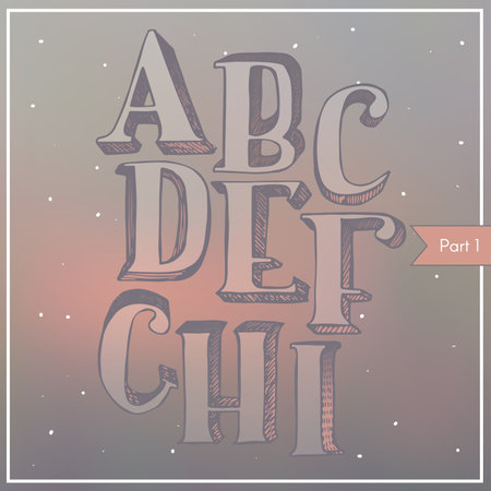 Vector colorful 3d font on blur background, hatched, light, with gradient shadow. ABC sequence from letter A to I, stylish, in classic style with serif, good for lettering and print design. Hand drawn.のイラスト素材