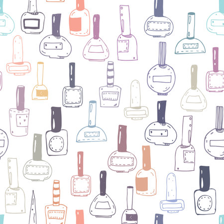 Seamless vector pattern with nail polish bottles, colorful on white. Handdrawn cute doodles in various shapes and caps. Illustration hand drawn with ink, fun, good for beauty shops or beauty salonsのイラスト素材
