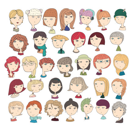 Cute vector illustration with girls heads, fun colored, with different hairstyles, eyes. Ginger, blonde, curly, Iroquois hair. Isolated on white background hand drawn characters, good for icons designのイラスト素材