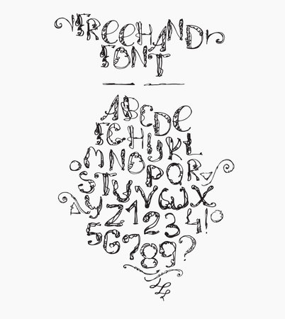 Freehand handdrawn alphabet, isolated on white background. Font letters drawn with brush and imperfections, every letter and digit has its own style. Funky sequence from letter A to Z and digit 0 to 9のイラスト素材