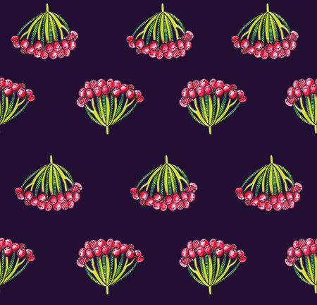 Seamless illustration with autumn viburnum berries on dark background. Pattern hand drawn with...
