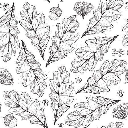 seamless texture with leaves and flowers on white background. Hand drawn graphic illustration, with berries, acorns in black and white. Pattern, good for fabric, print, autumn design.のイラスト素材