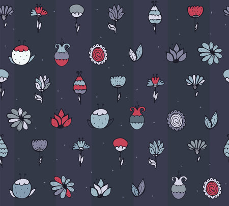 Seamless stylish texture with colorful doodle flowers, simple, hand drawn on dark blue background. Pattern drawn with brush and ink by hand, have imperfections, can be used for print, fabric.のイラスト素材
