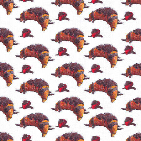 Seamless raster illustration with croissant and strawberry. Croissant with topping and chocolate syrup. Hand drawn with color pencils illustration on white paper, good for cooking blog or cafe.の写真素材