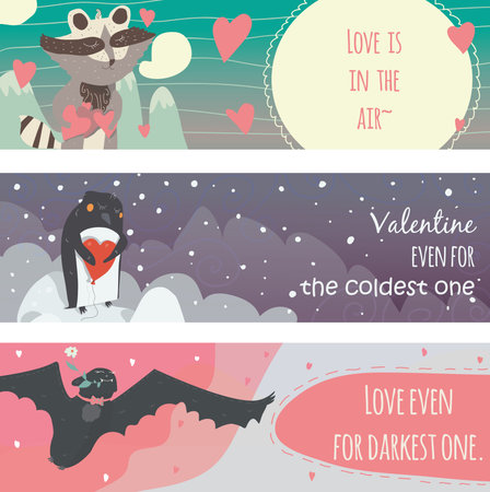 Valentine horizontal banners set with fun animals with hearts and motivating quotes in text holders, smiling, cute, with closed eyes. Vector kind illustration, isolated on white.のイラスト素材