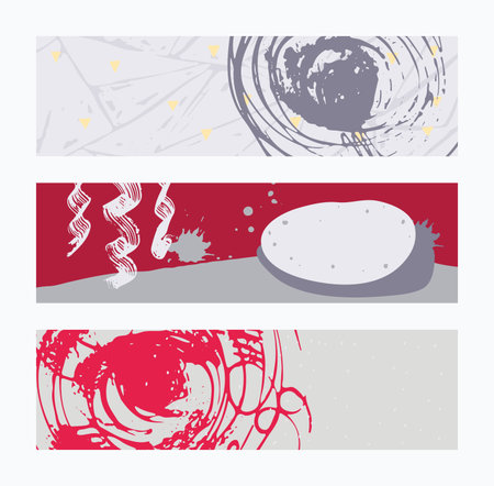 Set of horizontal banners, handdrawn, decorated with liquid ink brush stripes, strokes and spots. Isolated on background vector illustration, stylish, with imperfect parts in red and grey colors, bright and contrastのイラスト素材