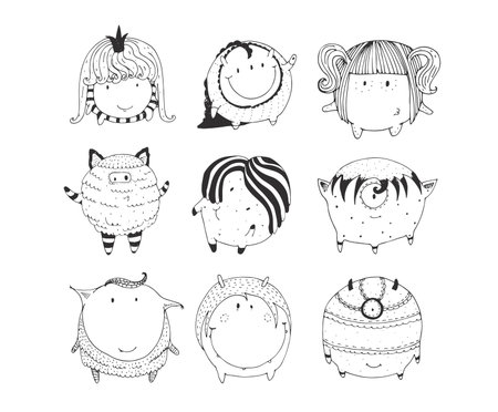 Cute monochrome collection with hand drawn doodle sphere monsters, isolated on white background. Lovely characters staying and watching. Black and white childish illustrationのイラスト素材