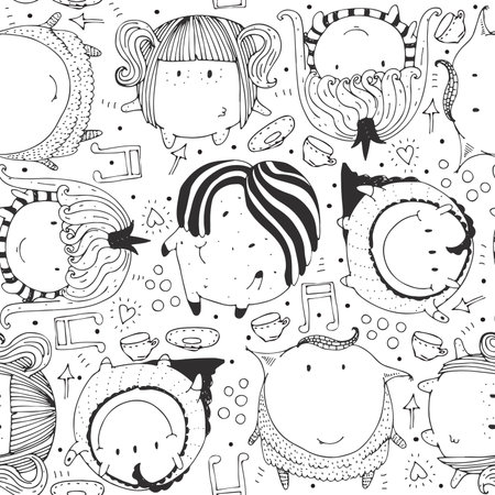 Seamless illustration with cute and lovely doodle monsters, hearts and decoration. Black and white hand drawn childish pattern. Cartoon alien characters based on sphere shapeのイラスト素材