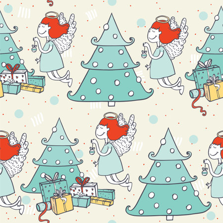 Seamless christmas pattern with hand drawn flying angel and christmas tree. Doodles in simple graphic style.のイラスト素材