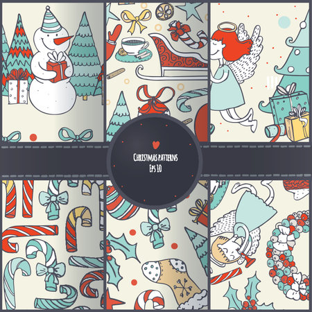 Set of seamless christmas patterns, hand drawn in doodle cute style. Flat Santa Claus, Christmas tree, angels, candy canes, wreath and other on beige background, good for wrapping paper or design.のイラスト素材