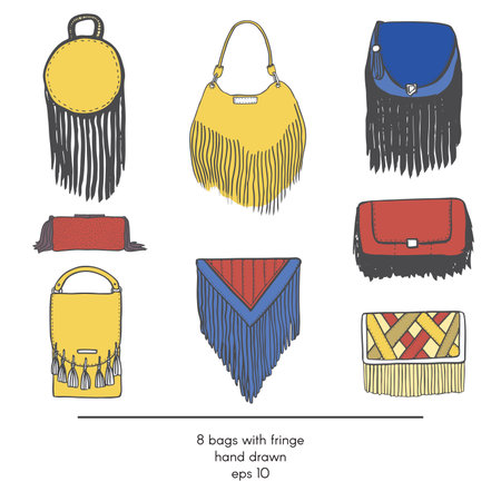 Stylish collection of 9 fashion  bags with fringe, isolated on white background. Color illustration in red, yellow and blue. Hand drawn fashion trend glamour set kit in vogue style.のイラスト素材