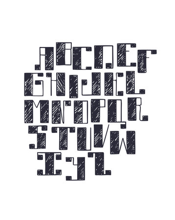 Hand drawn vector font with large bold square serif, handwritten with pen and ink. Abc letters sequence in sketch hatch style, isolated on white background. Large capital geometric alphabet letters.のイラスト素材
