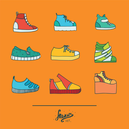 Beautiful set with stylish footwear - sneakers in various styles and shapes. Collection with different shoes in bright colors on orange background. Vector illustration, hand drawn in doodle flat style.のイラスト素材