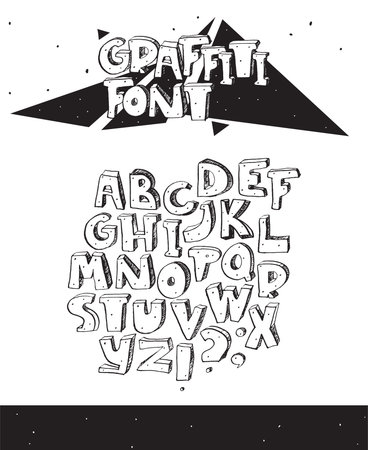 Vector hand drawn illustration with black and white imperfect graffiti font, isolated on white. 3d letters sequence from A to Z with ink hatch and dotsのイラスト素材