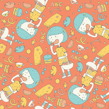 Color lovely illustration with cute little girl eating apple in seamless pattern on orange background. Girl with blue hair and yellow dress, pattern decorated with hand drawn doodlesのイラスト素材