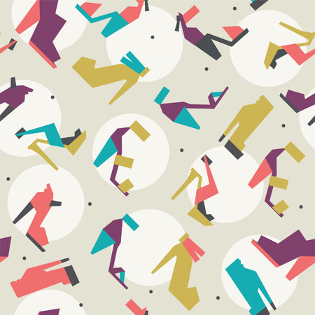 Seamless vector illustration with beautiful heels and shoes pattern with geometric shapes. Bright colors on beige background with white circles and dots. Pink, purple, blue and green women shoes.のイラスト素材