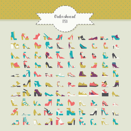 Big beautiful bundle with flat women shoes in different design - flats, heels, platform, wedge and many more. Vector fashion illustration set in bright colors. Various footwear for girl and women.のイラスト素材